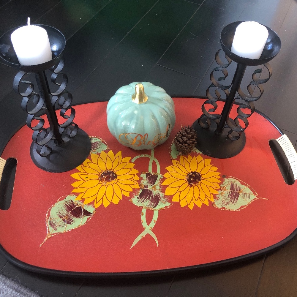 Fall decor hand painted tray with tall metal candle holders